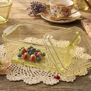 Vintage Cottagecore Glasbake 805 Yellow Glass Refrigerator Dish 8.5in USA